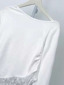 美式性感辣妹蕾丝斜肩长袖T恤，修身打底衫，女士春秋季款 - 白色 - 查看 10