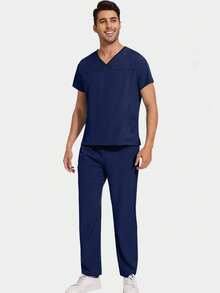 Scrubs Set For Men V-Neck Nursing Scrub Top And Pant Working Uniform Elastic Waistband With 8 Pocket