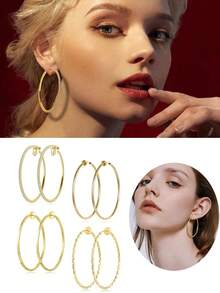 1-4 Pairs Of Fashionable And Exquisite Copper Material Lady Clip-On Hoop Earrings With Spring Clasps Suitable For Non-Pierced Ears. Daily/Party/Beach Fashion Accessories. - Gold - View 1