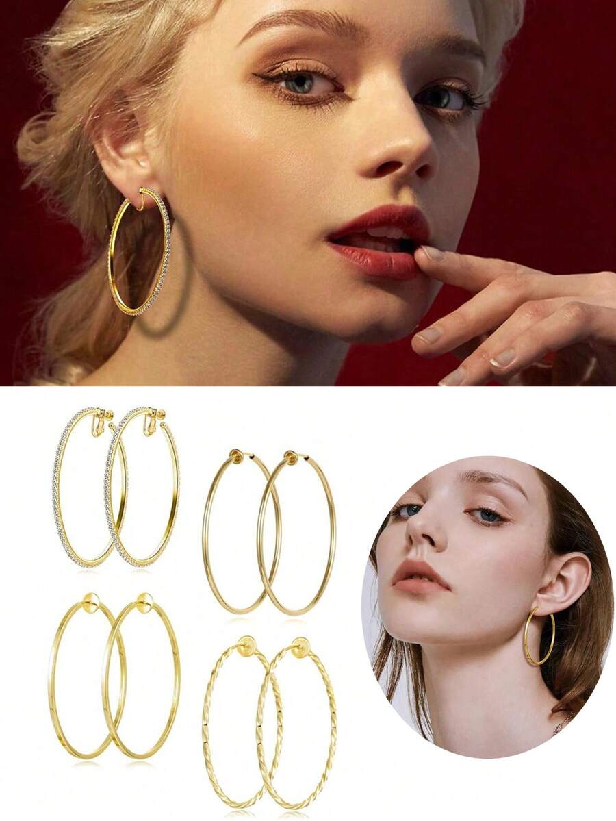 1-4 Pairs Of Fashionable And Exquisite Copper Material Lady Clip-On Hoop Earrings With Spring Clasps Suitable For Non-Pierced Ears. Daily/Party/Beach Fashion Accessories. - Gold - View 1