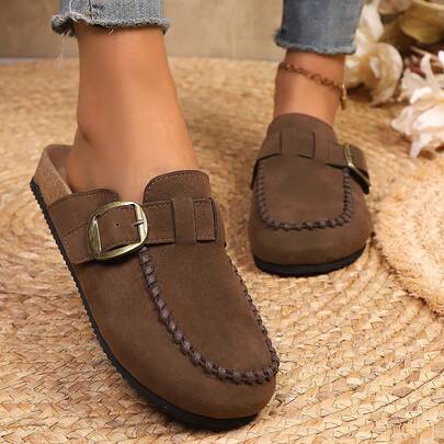 European Style Suede Mule Slippers, Buckle Strap Casual Backless Slip-On Loafers For Women