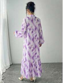 Women's Light Purple Ink-Wash Print High-Neck Full Skirt Dress, Slimming And Flattering Plus Size Long Robe Dress, Dubai Commuter/Date Dress. Vacation - Purple - View 3