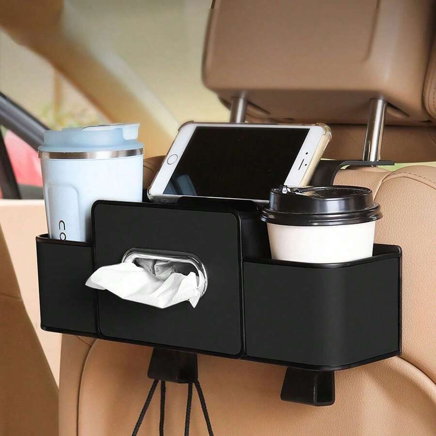 3-In-1 Car Rear Seat Organizer Bag, Multi-Functional Car Seat Back Storage Box, Multi-Functional Car Rear Seat Storage Organizer Bag - With 2 Cup Holders, Tissue Box, And Hooks. - Black - View 1