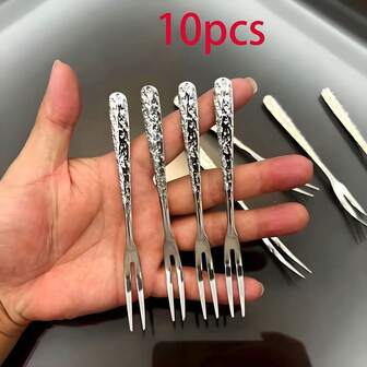 10 شوكات فاكهة وأعواد حلوى من الفولاذ المقاوم للصدأ عالي الجودة - درجة 304 مع أسنان أنيقة ورؤوس مدببة، محمولة بشكل فردي للحفلات والأعراس والولائم - أدوات تقديم متينة للكرز والفراولة والكيك