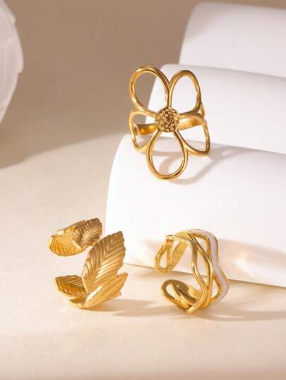 GEREIT 3 ชิ้น แหวนดีไซน์ดอกไม้และใบไม้กลวงสแตนเลส 18K สไตล์มินิมอล, เหมาะสำหรับผู้ชายและผู้หญิงใส่ในชีวิตประจำวัน, ของขวัญวันแม่