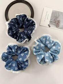 3个情人节女士时尚优雅牛仔爱心印花蕾丝发圈，马尾辫发饰，适合节日、派对、送礼、日常穿搭，波西米亚风优雅发绳 - 彩色 - 查看 2