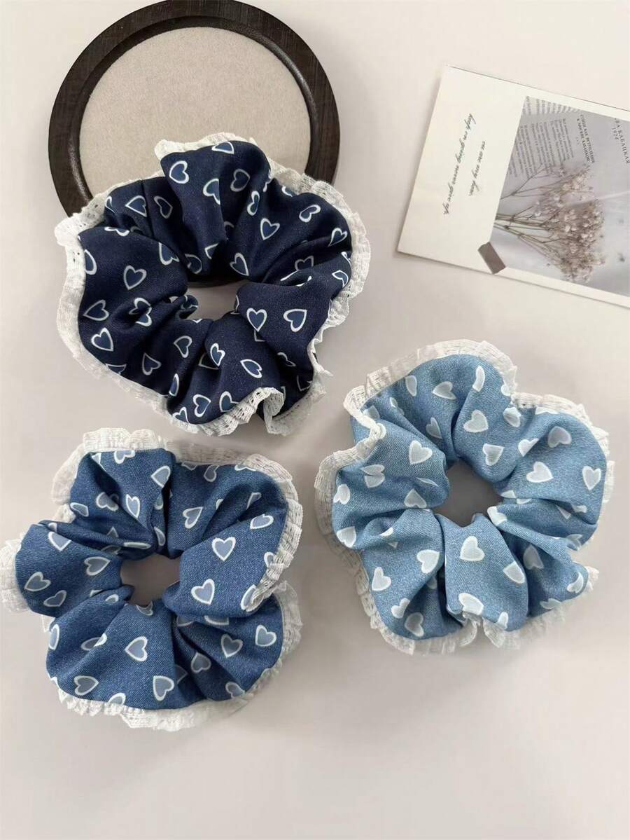 3个情人节女士时尚优雅牛仔爱心印花蕾丝发圈，马尾辫发饰，适合节日、派对、送礼、日常穿搭，波西米亚风优雅发绳