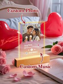 1pc Custom Music LED Night Light, Custom LED Music Plaque, Personalized Led Lamp With Picture And Wooden Base, Personalized Song Acrylic Plaque, Custom Picture Song Lamp, Music Photo Plaque Gift, Light Up Music Plaque, Valentines Gift, Couple Gift, First Wedding Anniversary Gift - Couple MESSAGE - Base B (Warm Light) - View 4