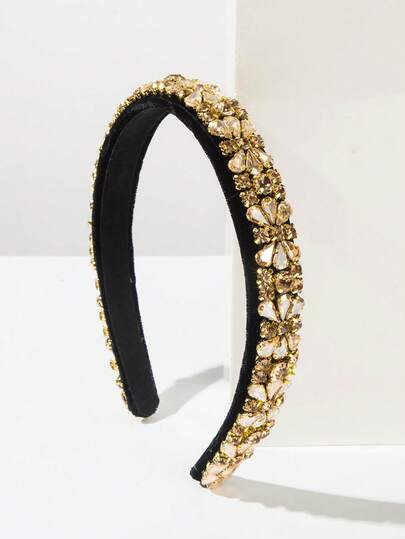 1pc European And American Fashion New Baroque Style Pure Black Velvet Retro Women's Headband, Luxurious Multicolor Gemstone Decor, High-Quality Hair Accessory, Suitable For Party Attire, Palace Style