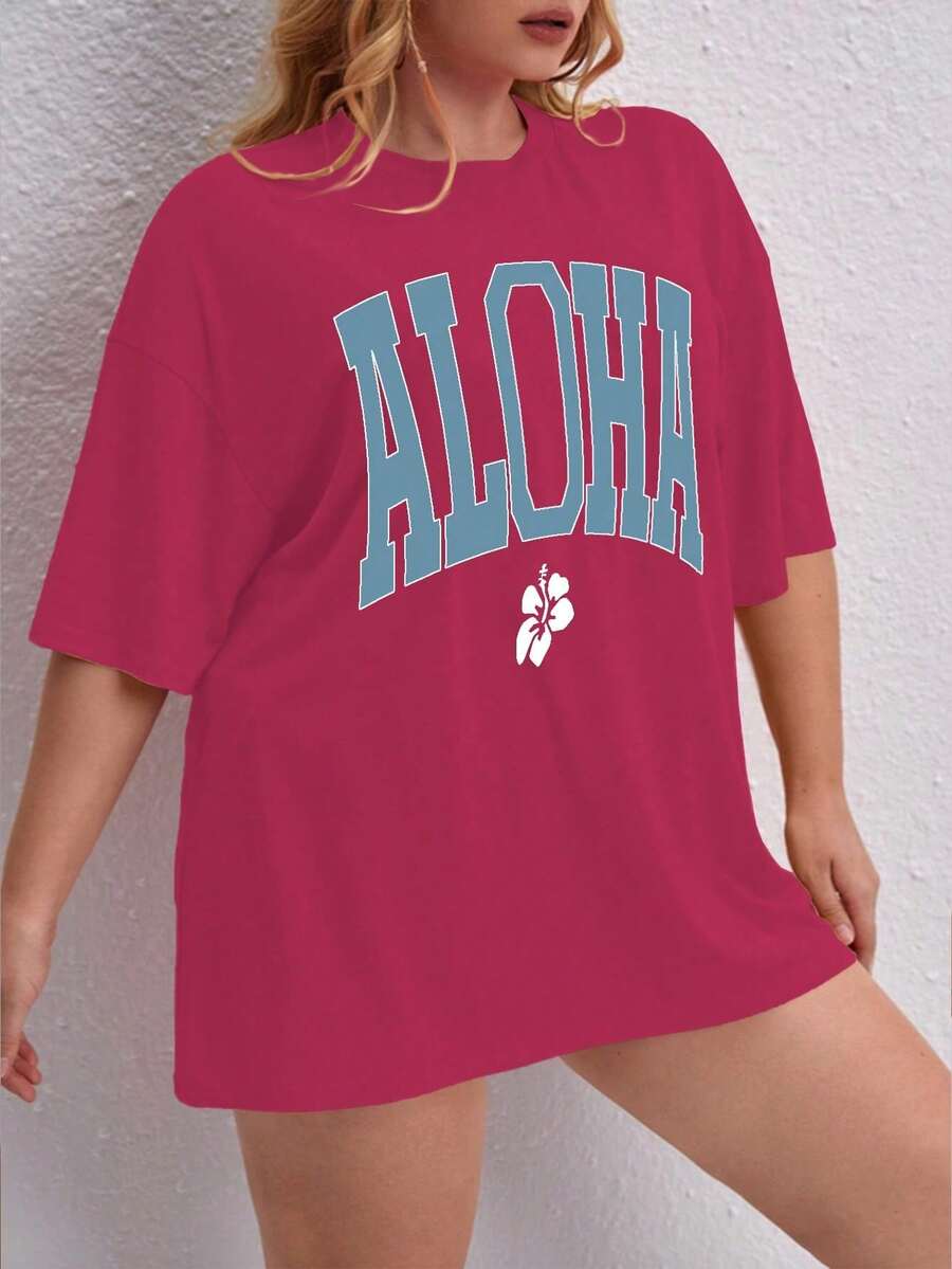 Oversized Printed Aloha Flower T-Shirt, Summer/Spring Short Sleeve Blouse, Lightweight Gym Wear - Pink - View 1