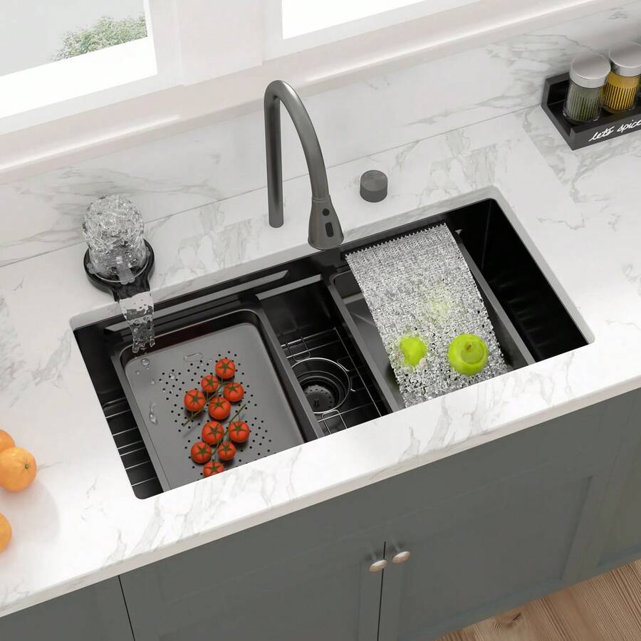 Fregadero de cocina de acero inoxidable calibre 16 de unón con tabla de cortar de 33*19 pulgadas, instalación bajo encimera, tipo cascada, del almacén de EE. UU. - Níquel cepillado - Ver 1