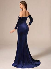 Vestido elegante, vestido de gala de terciopelo sin tirantes, vestido ajustado con abertura al estilo de las celebridades, vestido formal de hombros descubiertos - Azul Marino - Ver 2