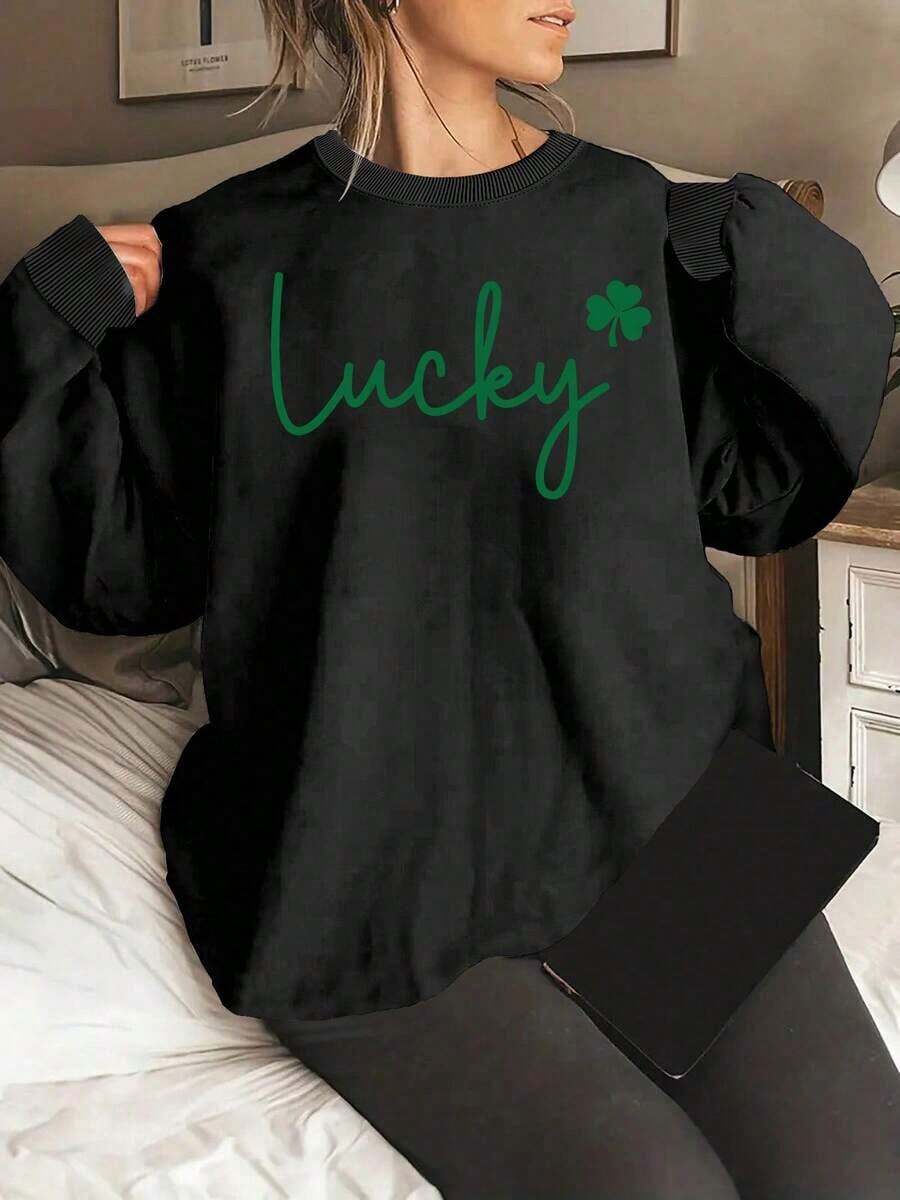 Sweat Shirt2025 New Women's Sweatshirt St. Patrick's Day Print Sweatshirt, Casual Round Neck Sports T-Shirt For Spring And Autumn, Sweatshirt For Women. Loose And ComfortableLoose And Comfortablevalentines Clothes - 黑色 - 查看 1