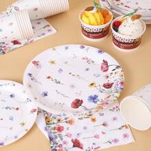 波西米亚风花卉庆典一次性餐盘、餐巾纸、杯子、桌布和横幅套装，可供16位客人使用，适合生日、婚礼、主题派对、家庭野餐等场合。 - 彩色 - 查看 4