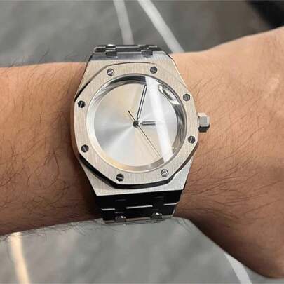 1pc Men's Quartz Watch, Popular Design, Luminous, Waterproof, Sports, Business, Royal Oak Series, Steel Strap, Suitable For Daily Decoration