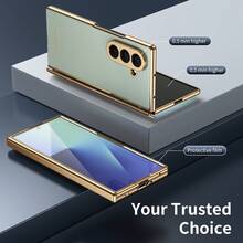 真皮一体式电镀材质仿皮全包覆保护手机壳，兼容三星 Galaxy Z Fold 7 6 5 4 Fold7 Fold6 Fold5 Fold4，附赠钢化玻璃屏幕保护膜，春季礼物 - 青色 - 查看 6