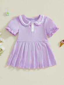 Toddler Baby Girl Summer Dress Half Button-Up Doll Collar Short Sleeve Pleated Dresses - Màu tím - Xem 5