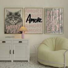 1/3件套无框富家猫咪美学墙饰套装，粉黑白时尚墙面装饰，别致办公室及少女房间装饰画，适用于卧室、宿舍、公寓 | 卧室装饰画，卧室装饰，墙面装饰画，复古装饰 - 彩色 - 查看 1