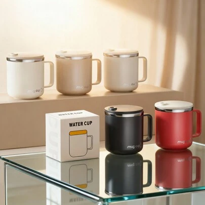 WORTHBUY 1个400/304不锈钢咖啡杯，带盖和提手，双层隔热水瓶，防漏防烫，可重复使用，适用于茶、牛奶、咖啡等饮品，适合学生、成人居家、学校、宿舍、办公室、户外露营、野餐、旅行等场合使用。