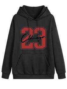 Men's Casual Number 23 Print Kangaroo Pocket Drawstring Hoodie And Pants Set, Autumn/Winter - Black - View 3