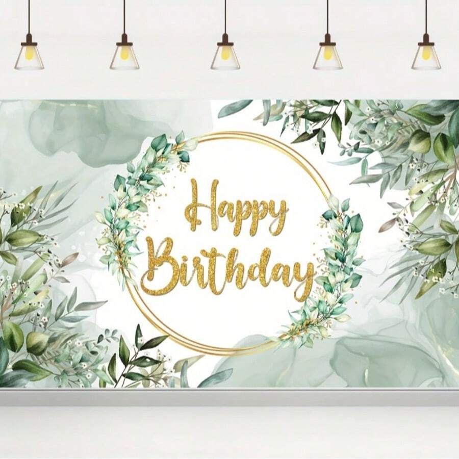 1pc Happy Birthday Backdrop With Green Leaves And Succulent Eucalyptus Leaves, Indoor/Outdoor Seasonal Decor, No Electricity Required - Multicolor - View 1