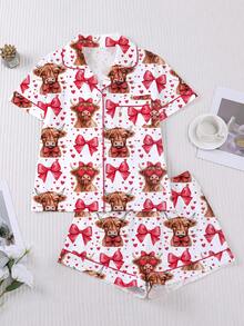 情人节可爱奶牛印花女士睡衣套装（2件套），面料柔软，时尚睡衣，适合派对穿着，短袖衬衫带领和纽扣，弹性短裤，休闲家居服，室内外均可穿着，四季皆宜。 - 彩色 - 查看 1