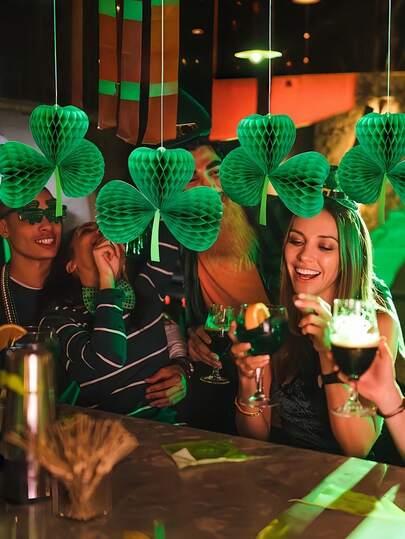 3pcs St. Patrick's Day Decorations - Bright Green Honeycomb Clover Hanging Decor, Classic Paper Clover Ornaments, Suitable For Celebrating Irish Holiday, Easy To Hang On Ceiling And Door, St. Patrick's Day Decor | Feather Texture | Lightweight Ornaments, Irish Holiday Party Decorations