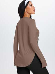 1pc Women's Outdoor Training, Running, Hiking, Walking Minimalist Side Slit Long Sleeve Fitness Yoga Top, All Season