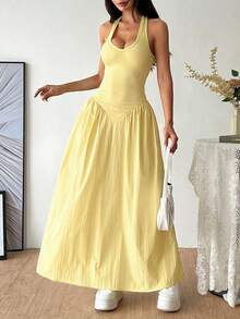 Vestido con cuello en V profundo francés, espalda descubierta, cintura con lazo y plisado, sexy - Amarillo - Ver 5