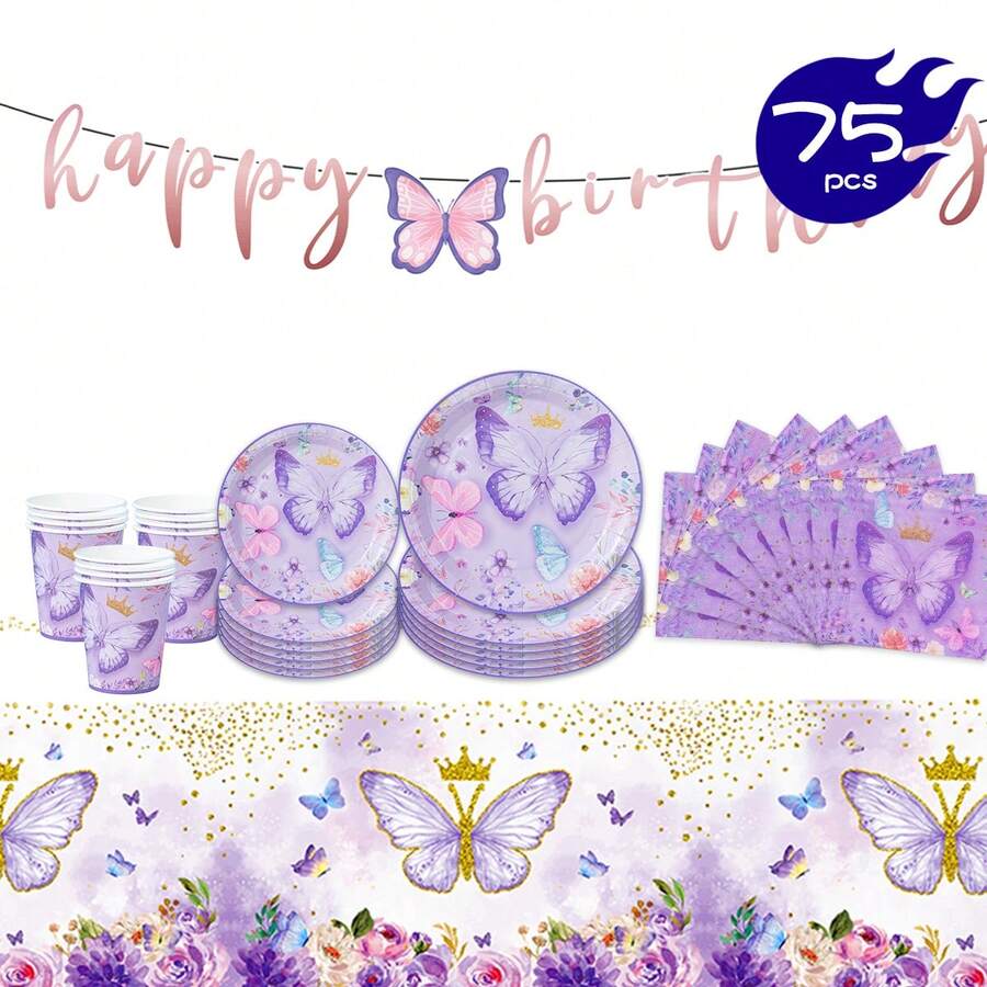 一套紫色花朵蝴蝶图案的一次性餐盘、餐巾纸、杯子、桌布和横幅，可供16位客人使用，适用于生日、婚礼、主题派对、家庭野餐等场合。 - 彩色 - 查看 1