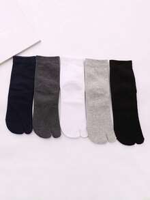 5 Pairs Men's Solid Color Cotton Toe Separator Mid-Calf Socks, Moisture-Wicking Breathable Sports Socks