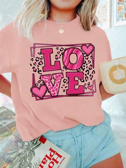 Pink LOVE Teen Girl T-Shirt For Girls, Leopard Heart Graphic Top, Spring & Summer Casual Outdoor Wear