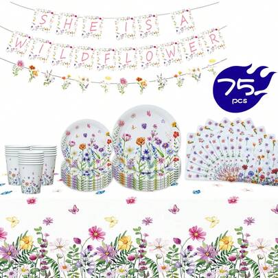 1 Set Floral & Butterfly Disposable Plates, Napkins, Cups, Tablecloth And Pennant Flags, Party Supplies Set For 16 Guests, Suitable For Birthday, Wedding, Theme Party, Family Picnic