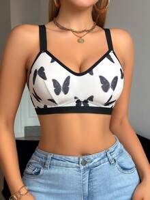 1pc Women's Butterfly Print Comfortable Wireless Bra - White - View 3