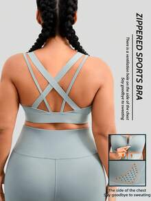 1pc Plus Size Women Sports Bra, Front Zipper Closure, Lift & Support, Casual Wear - Baby Blue - View 1
