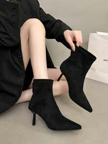 Pointed Toe High Heel Ankle Boots For Women, New Autumn/Winter Fashion Slim Stiletto Heel Suede Dress Boots, Elegant - Black - View 4