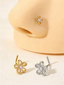 1 件装精致不锈钢镀金/镀银水晶镶嵌花朵及彩色锆石设计 L 形鼻钉，女士适用 - 适合日常佩戴、派对及时尚造型