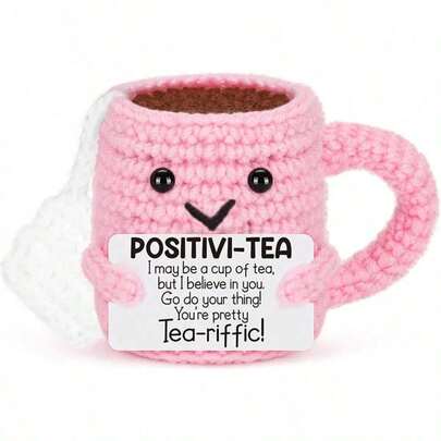 1pc Crocheted Pink Tea Cup Mini Decor, Comes With Positive Energy Card. Suitable As Gift For Men, Women, Friends, For Holidays, Birthdays, Mother's Day, Teacher's Day, Father's Day, Graduation