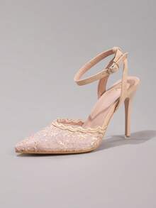 时尚蕾丝刺绣高跟鞋，性感尖头超高跟派对鞋，婚礼仪式女士细高跟凉鞋 - 杏色 - 查看 18