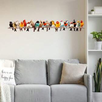 สติกเกอร์ติดผนังรูปนกสีสันสดใสบนกิ่งไม้, สไตล์สดชื่นสำหรับตกแต่งห้องนั่งเล่น, สติกเกอร์ตกแต่งกันน้ำแบบมีกาวในตัว