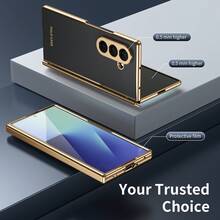 VIETAO 電鍍材質人造皮革全包覆保護手機殼，適用於 Galaxy Z Fold 7 6 5 4 8 Ultra Fold7 Fold6 Fold5 Fold4，附鋼化玻璃螢幕保護膜手機殼 - 黑色 - 查看 6