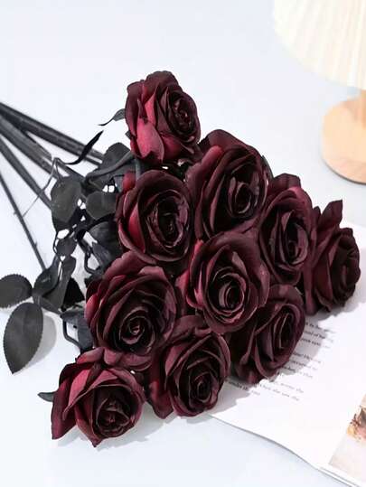 Elegant Dark Burgundy Artificial Valentine's Day Rose Bouquet - Long Stem Fabric Flowers, Valentine's Day Artificial Bouquet, Home Decoration Artificial Flowers, Vase Filling Artificial Flowers, Suitable For Valentine's Day, Wedding Decoration, Halloween, Mother's Day Gifts And Tabletop Party Decorations [The Flowers Are Darker In Color, Please Do Not Buy If You Mind]