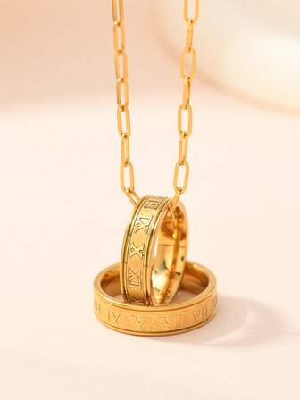 2 piezas Nuevo estilo punk 2026 Juego de collar y anillo de acero inoxidable chapado en oro con números romanos, collar de cadena larga occidental, joyería de regalo para mujeres, adecuado para uso diario, fiestas y regalo del Día de San Valentín