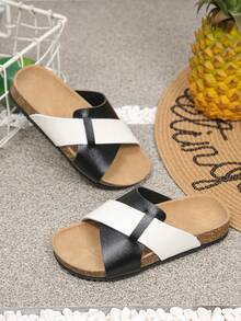 Holiday Season Kids Slippers Black White Cross Strap Comfortable Beach Slides - Black and White - View 5