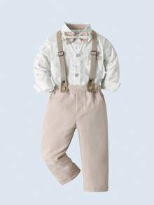 BOARNSEORL 两件套男童绅士套装 - 长袖衬衫配领结和卡其色背带裤，时尚优雅，适合生日派对、婚礼、节日场合。 - 卡其色 - 查看 3
