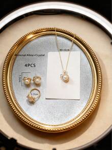 4 件不锈钢首饰套装包括项链、耳环、戒指、复古优雅人造珍珠项链装饰与水钻玫瑰花瓣，适合女性日常/派对佩戴、母亲节和情人节礼物情人节、妈妈、母亲、母亲节、礼物