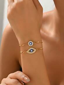 2 Peças Conjunto de Pulseiras Vintage Boêmias de Olho Grego com Contas de Cobre, Adequado para Uso Diário de Mulheres, Ótimo Presente para Amigos - Conjunto de 2 peças - Visão 2