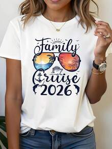 Family Cruise 2026 Graphic Print T-Shirt, Short Sleeve Crew Neck Casual Top For Summer & Spring, Women's Clothing - 白色 - 查看 6