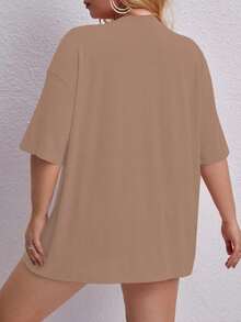 Oversized Printed Aloha Flower T-Shirt, Summer/Spring Short Sleeve Blouse, Lightweight Gym Wear - Straw - View 2