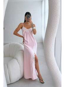 Elegant Long Dress With Slit, Lace, Slip Dress, Perfect For Parties, Parties, And Weddings. - 淺粉色 - 查看 1